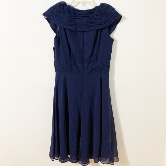 Donna Ricco Silk Midi Dress Sheer Overlay Draped Front Gathered Collar Bodice 💙 - Picture 5 of 12